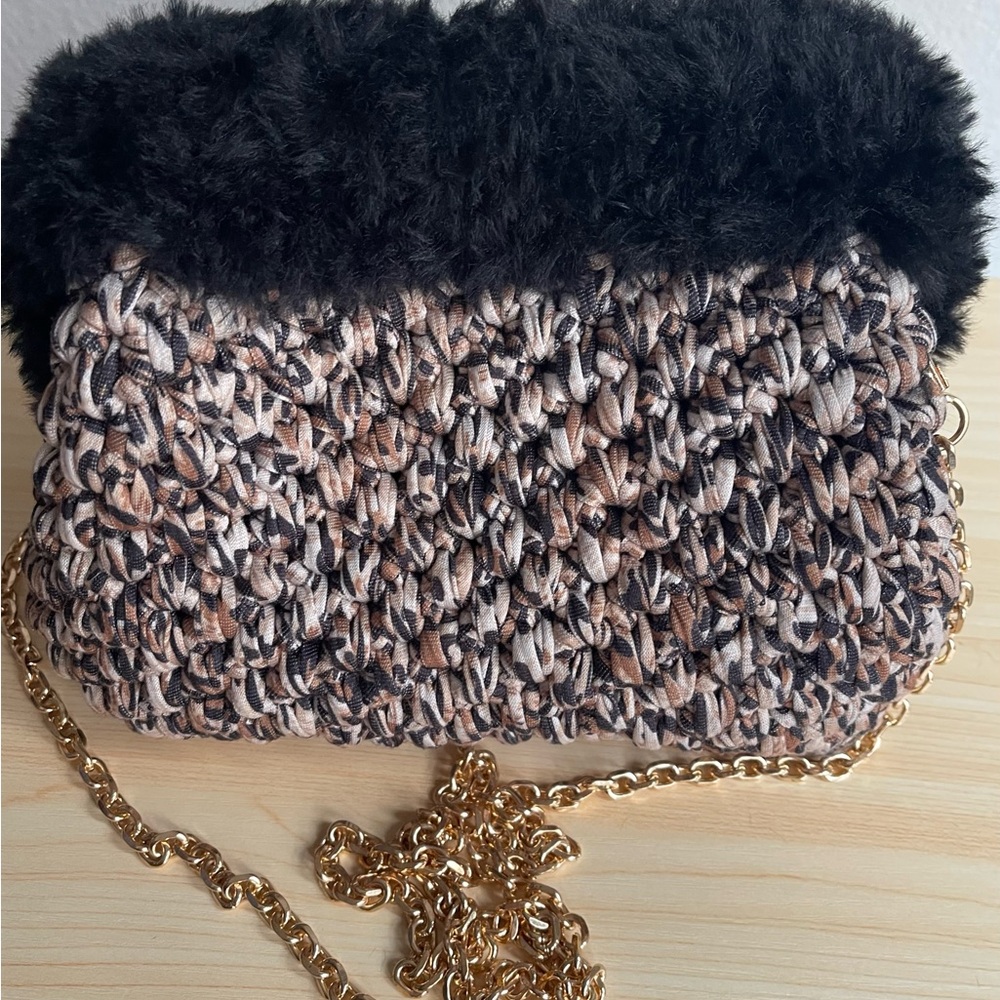 Elegant Black and Brown Clutch with Gold Chain